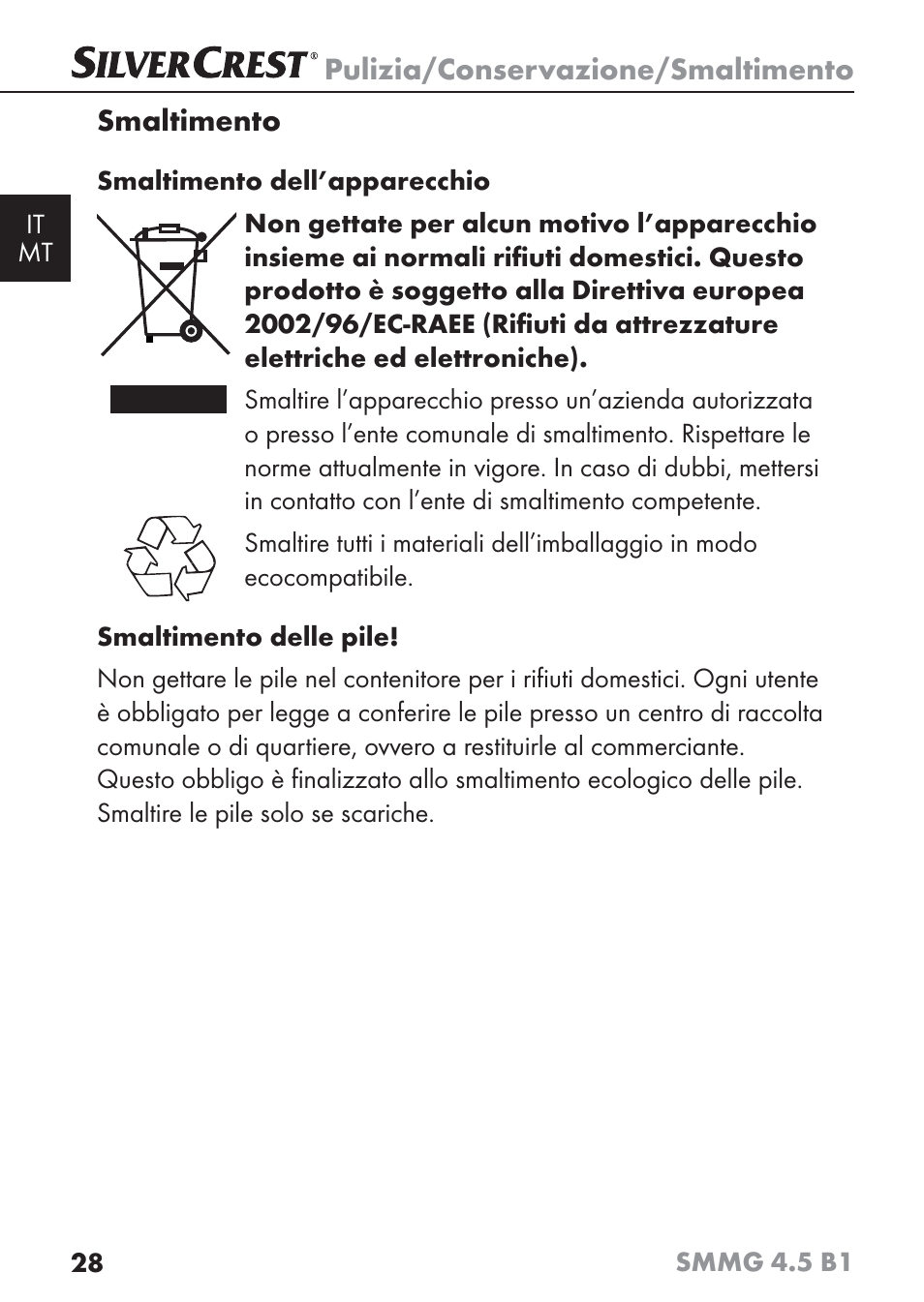 Pulizia/conservazione/smaltimento, Smaltimento | Silvercrest SMMG 4.5 B1 User Manual | Page 30 / 66