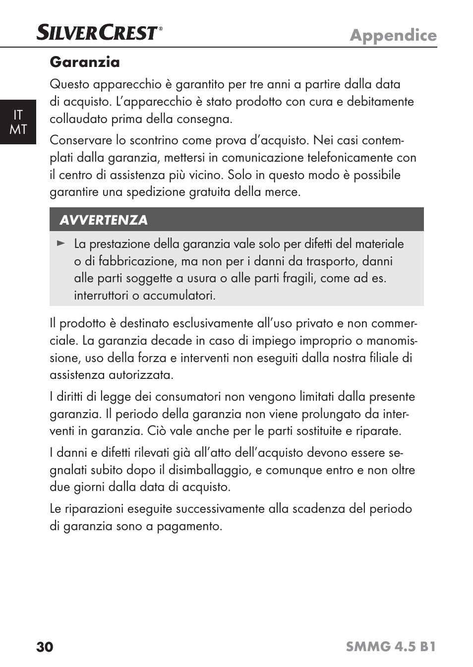 Appendice, Garanzia | Silvercrest SMMG 4.5 B1 User Manual | Page 32 / 66