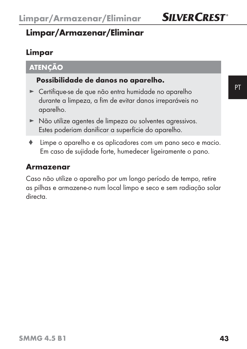 Limpar/armazenar/eliminar | Silvercrest SMMG 4.5 B1 User Manual | Page 45 / 66