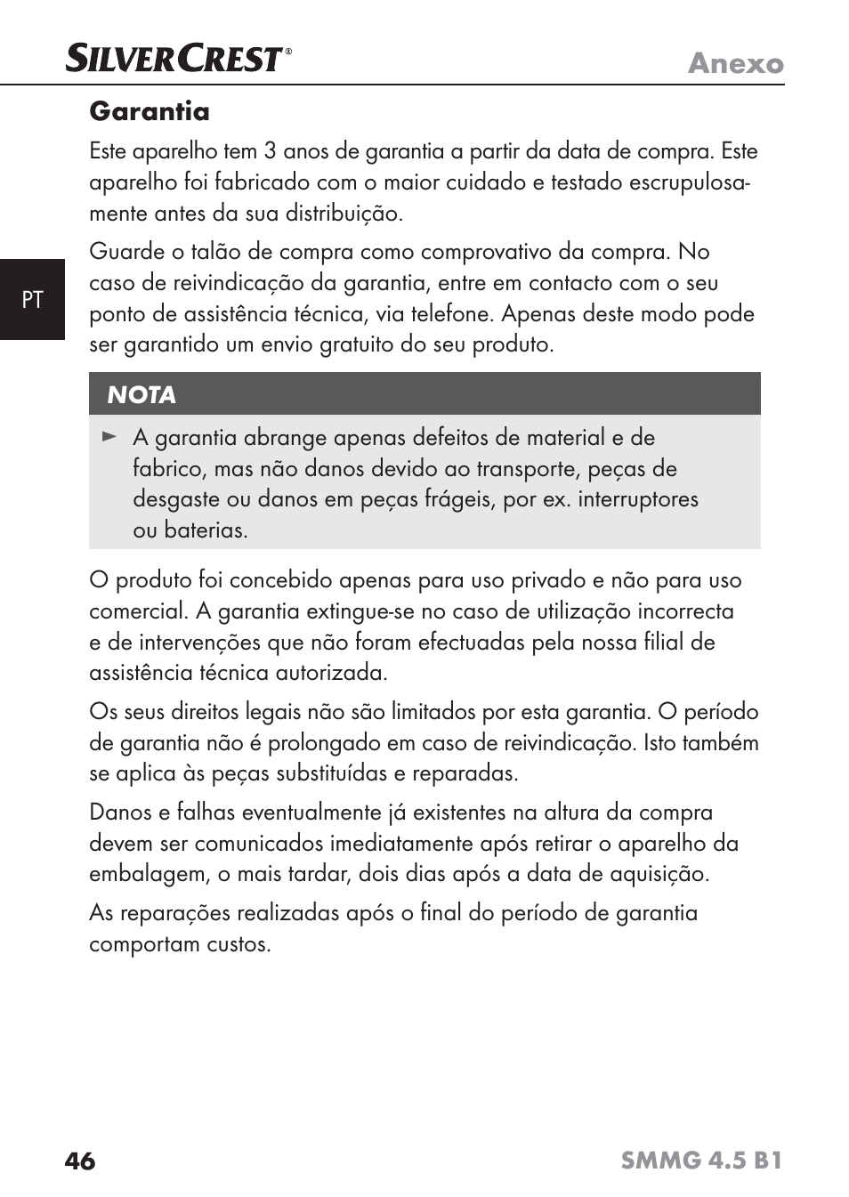 Anexo, Garantia | Silvercrest SMMG 4.5 B1 User Manual | Page 48 / 66