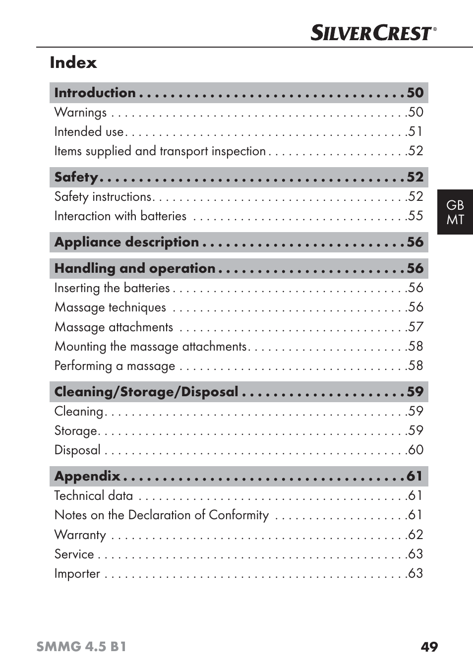 Index | Silvercrest SMMG 4.5 B1 User Manual | Page 51 / 66