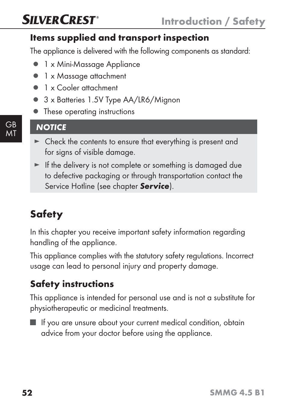 Introduction / safety, Safety | Silvercrest SMMG 4.5 B1 User Manual | Page 54 / 66