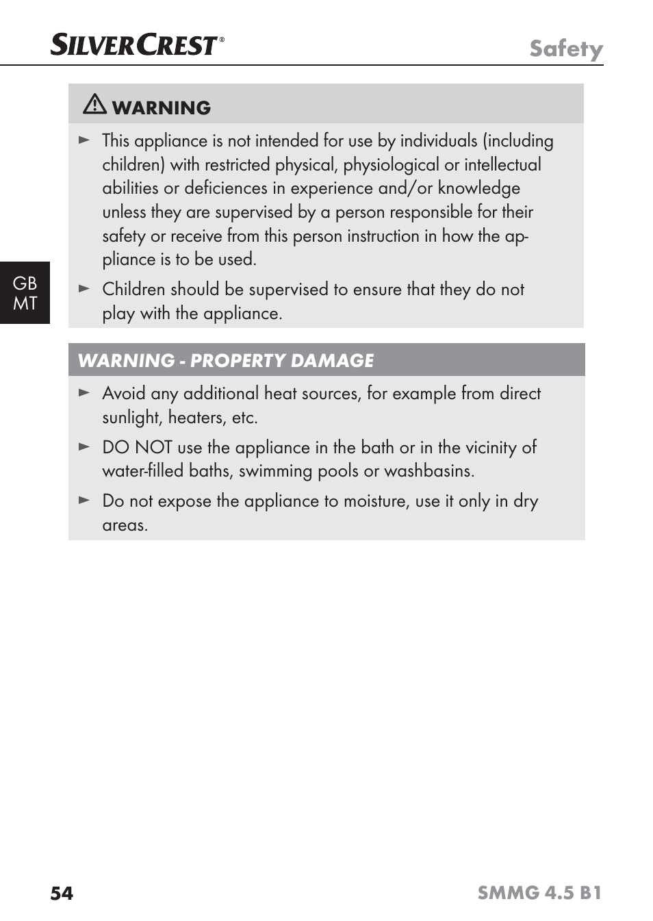 Safety | Silvercrest SMMG 4.5 B1 User Manual | Page 56 / 66