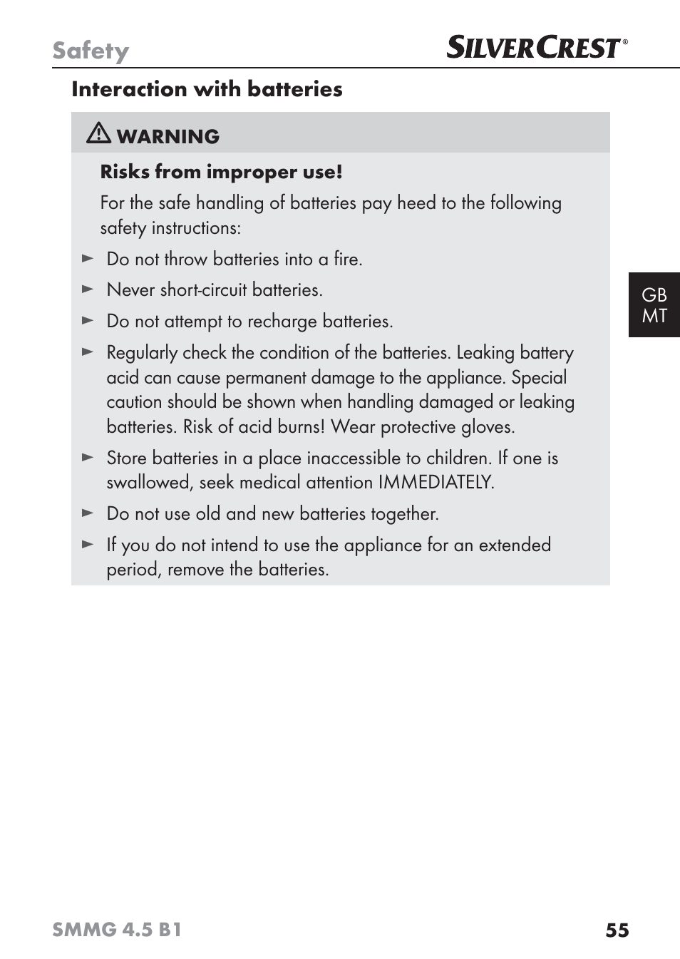 Safety | Silvercrest SMMG 4.5 B1 User Manual | Page 57 / 66