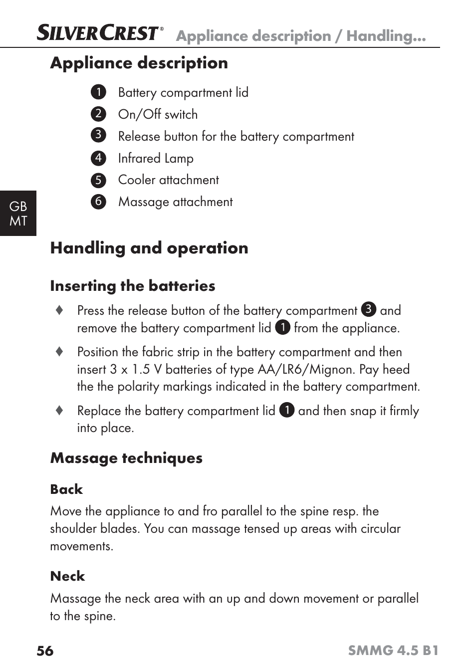 Appliance description, Handling and operation | Silvercrest SMMG 4.5 B1 User Manual | Page 58 / 66