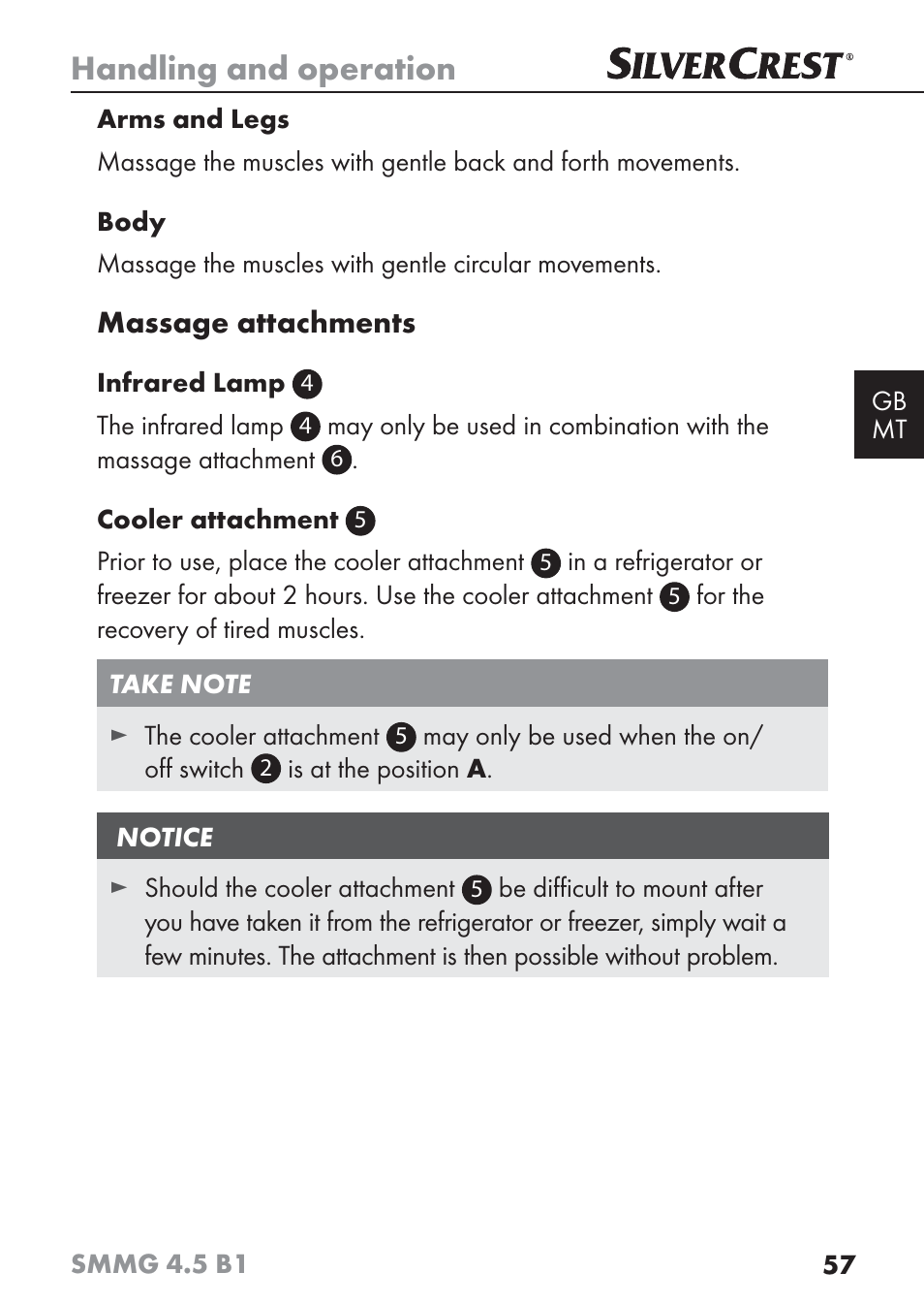 Handling and operation, Massage attachments | Silvercrest SMMG 4.5 B1 User Manual | Page 59 / 66