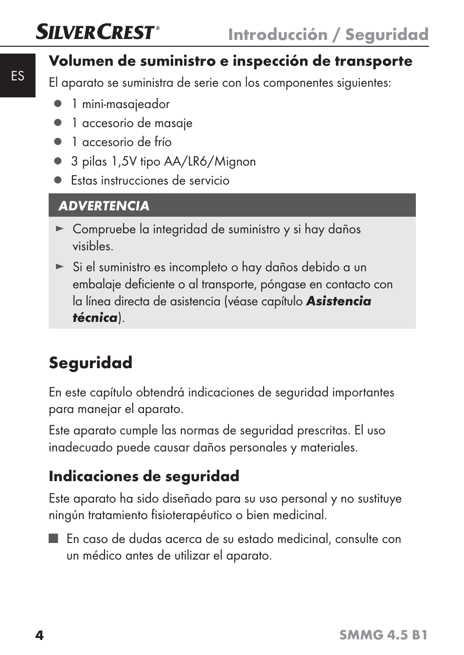 Introducción / seguridad, Seguridad | Silvercrest SMMG 4.5 B1 User Manual | Page 6 / 66