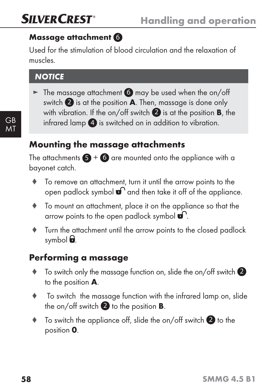 Handling and operation, Mounting the massage attachments, Performing a massage | Silvercrest SMMG 4.5 B1 User Manual | Page 60 / 66