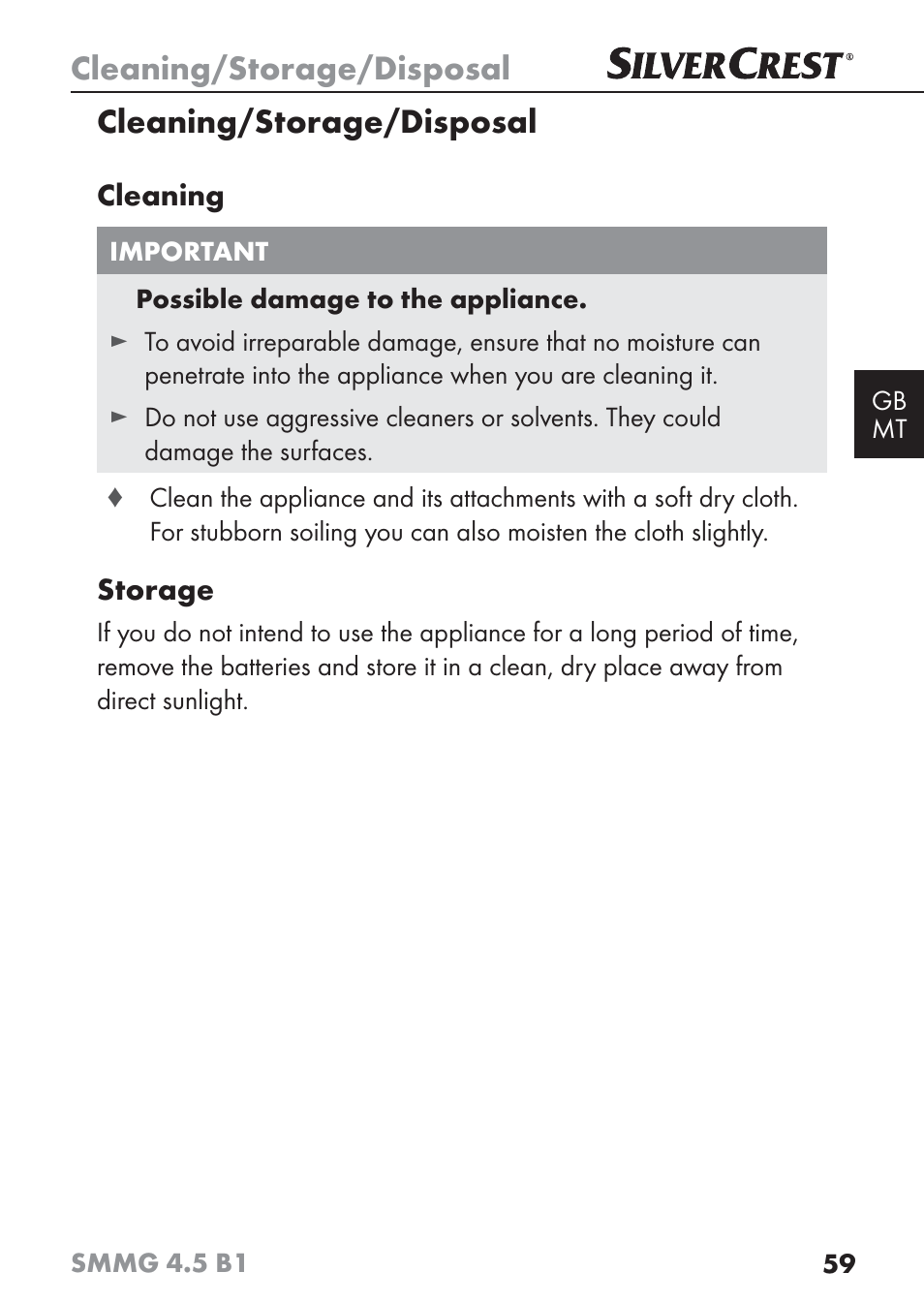 Cleaning/storage/disposal | Silvercrest SMMG 4.5 B1 User Manual | Page 61 / 66