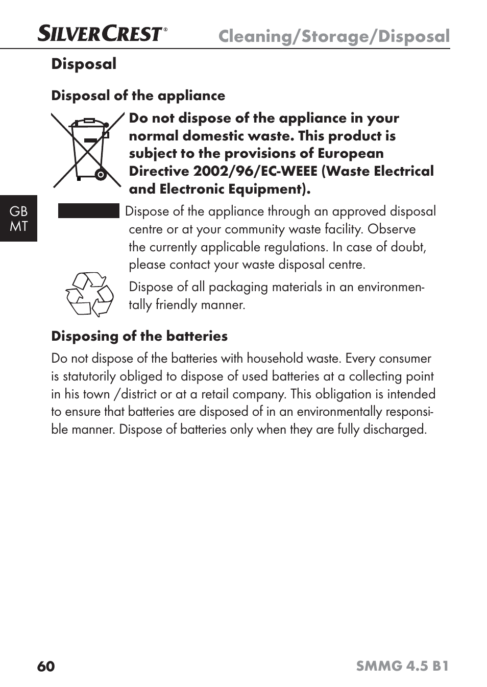 Cleaning/storage/disposal, Disposal | Silvercrest SMMG 4.5 B1 User Manual | Page 62 / 66