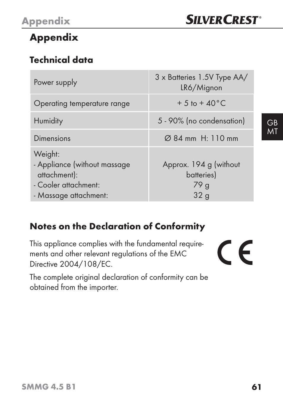 Appendix | Silvercrest SMMG 4.5 B1 User Manual | Page 63 / 66