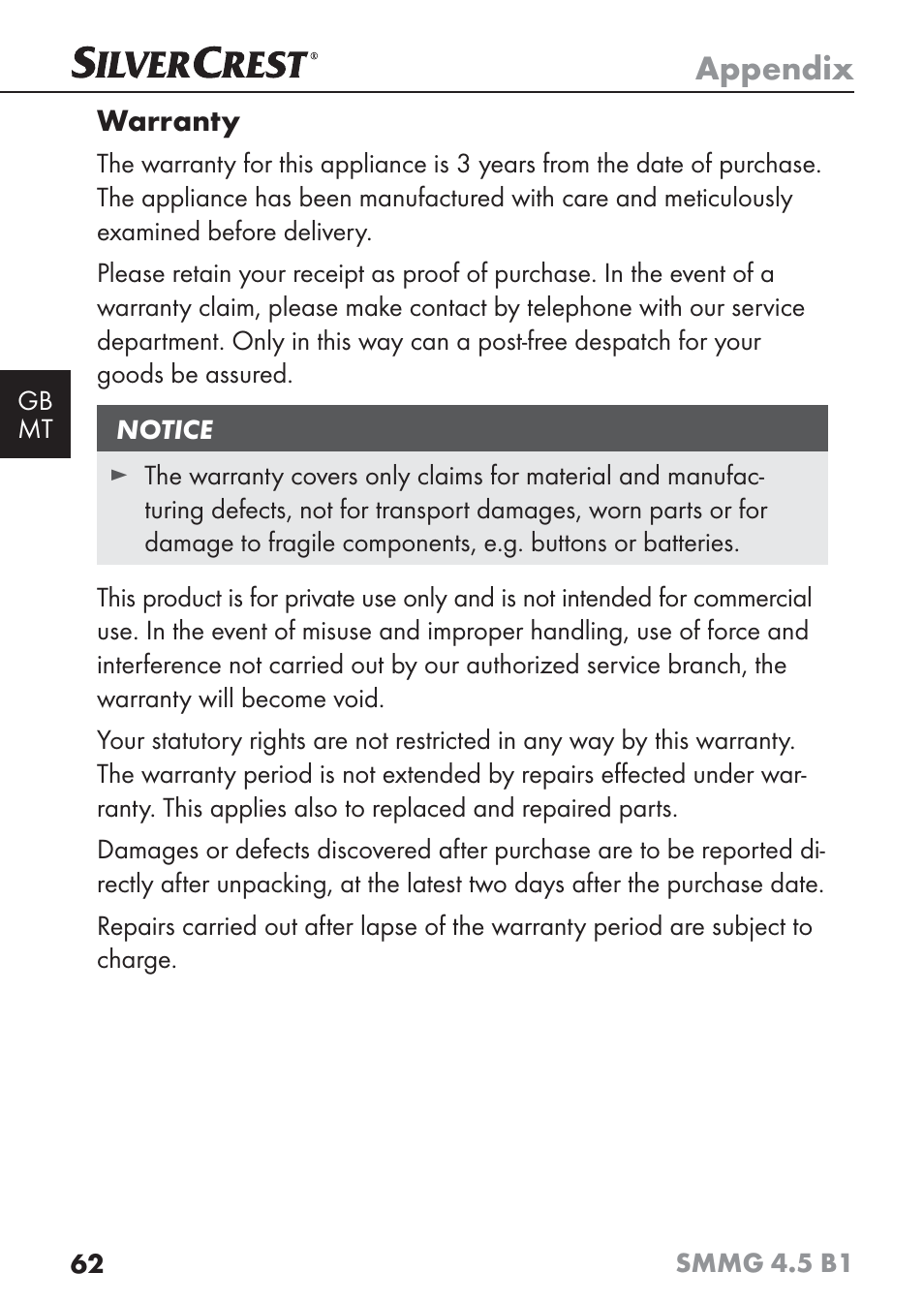 Appendix, Warranty | Silvercrest SMMG 4.5 B1 User Manual | Page 64 / 66