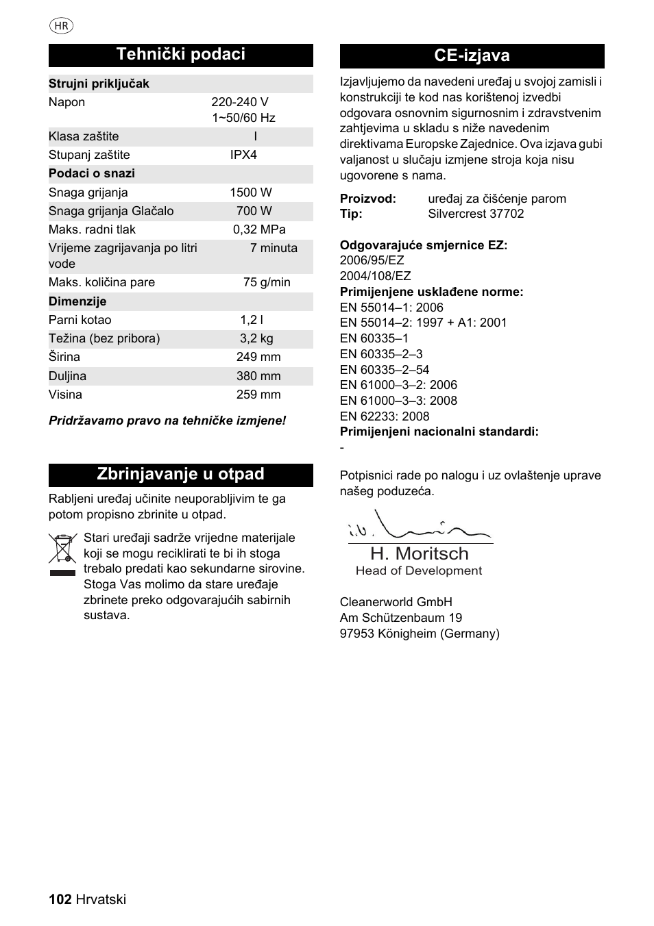 H. moritsch, Tehnički podaci, Zbrinjavanje u otpad ce-izjava | Silvercrest 37702 User Manual | Page 102 / 106