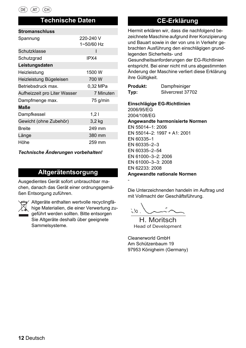 H. moritsch, Technische daten, Altgerätentsorgung ce-erklärung | Silvercrest 37702 User Manual | Page 12 / 106