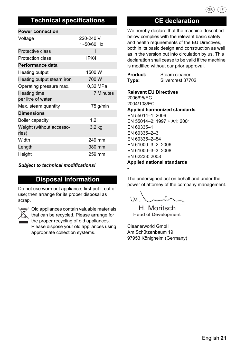 H. moritsch, Technical specifications, Disposal information ce declaration | Silvercrest 37702 User Manual | Page 21 / 106