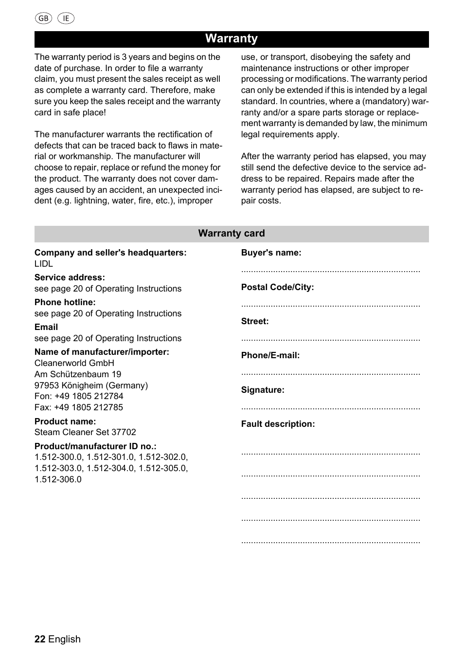 Warranty | Silvercrest 37702 User Manual | Page 22 / 106