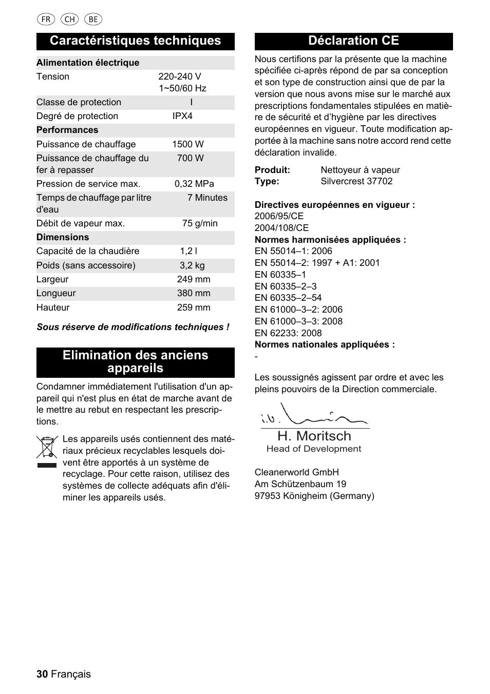 H. moritsch, Caractéristiques techniques, Elimination des anciens appareils déclaration ce | Silvercrest 37702 User Manual | Page 30 / 106