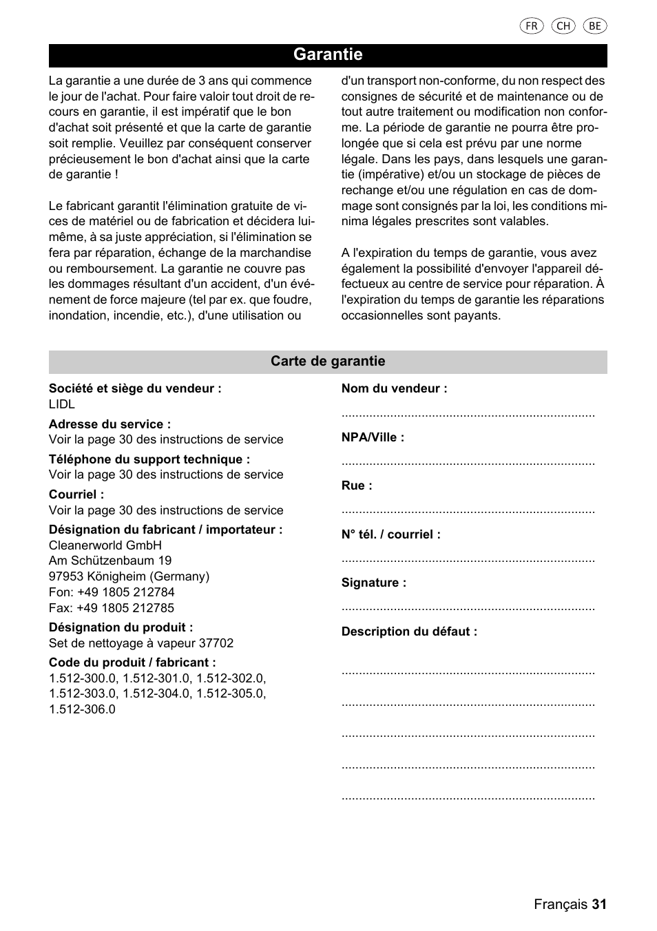 Garantie | Silvercrest 37702 User Manual | Page 31 / 106