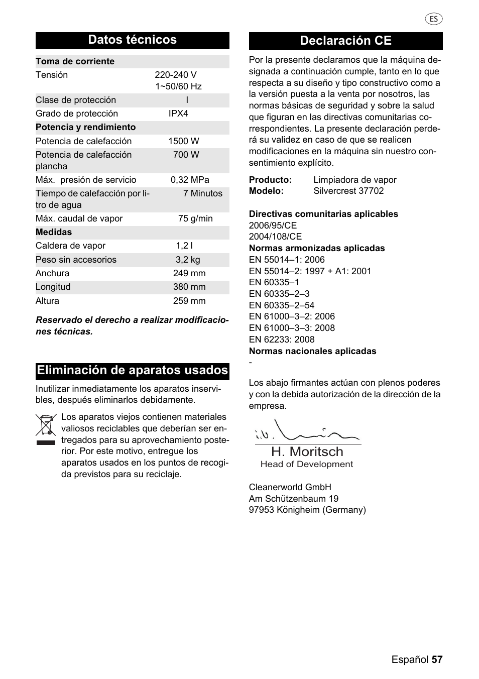 H. moritsch, Datos técnicos, Eliminación de aparatos usados declaración ce | Silvercrest 37702 User Manual | Page 57 / 106
