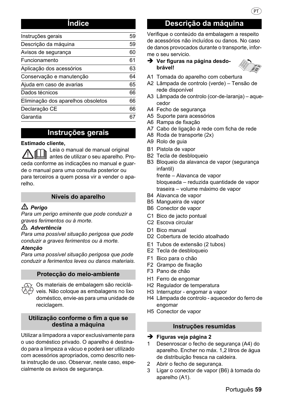 Índice, Instruções gerais, Descrição da máquina | Silvercrest 37702 User Manual | Page 59 / 106