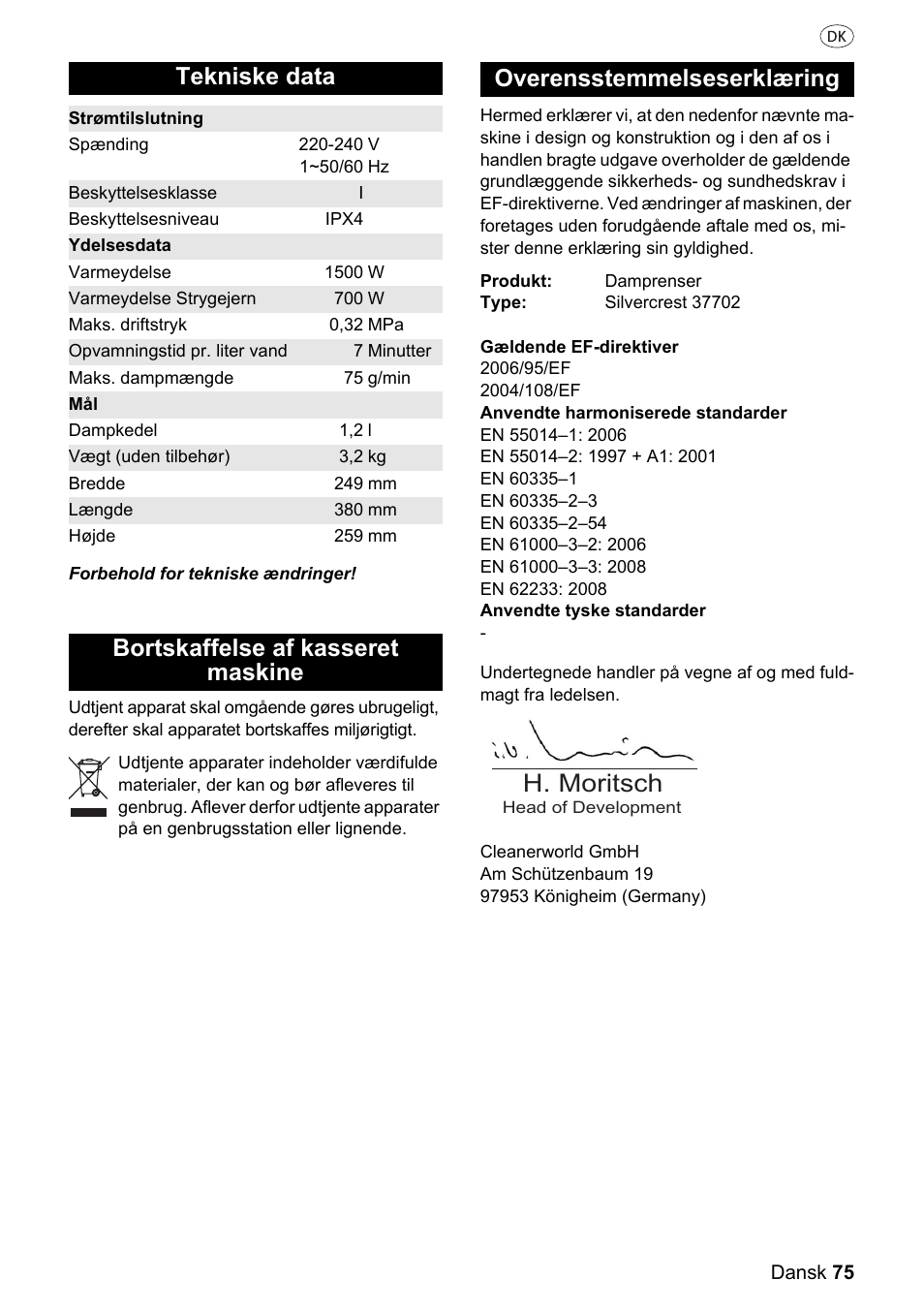 H. moritsch, Tekniske data | Silvercrest 37702 User Manual | Page 75 / 106