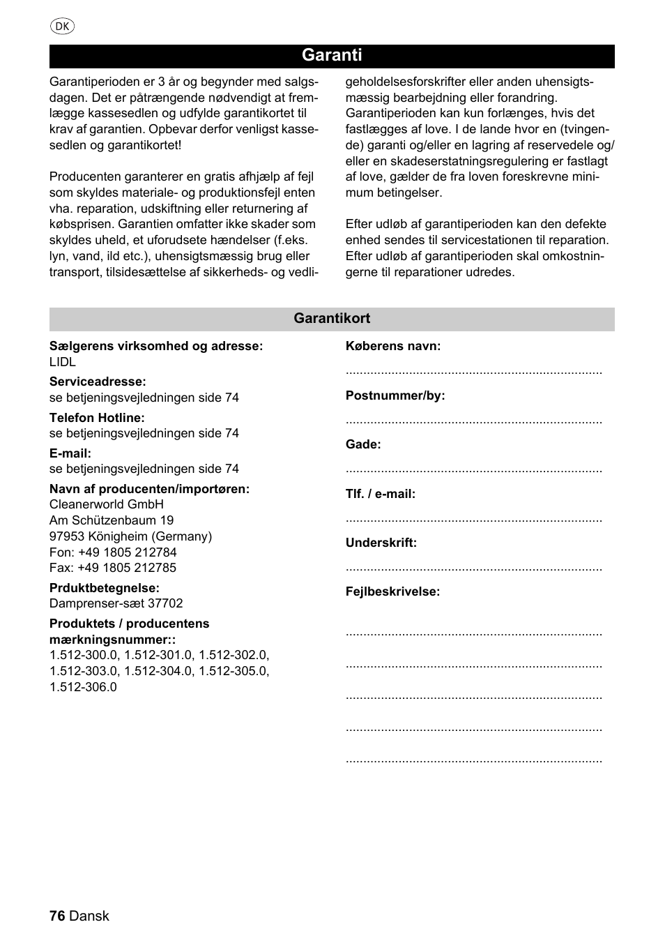 Garanti | Silvercrest 37702 User Manual | Page 76 / 106