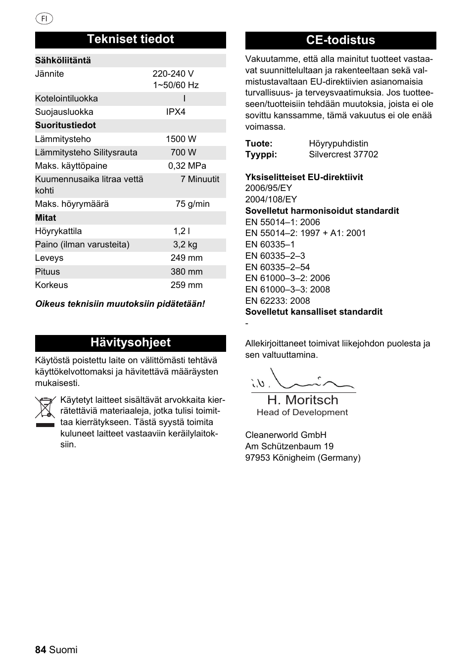 H. moritsch, Tekniset tiedot, Hävitysohjeet ce-todistus | Silvercrest 37702 User Manual | Page 84 / 106