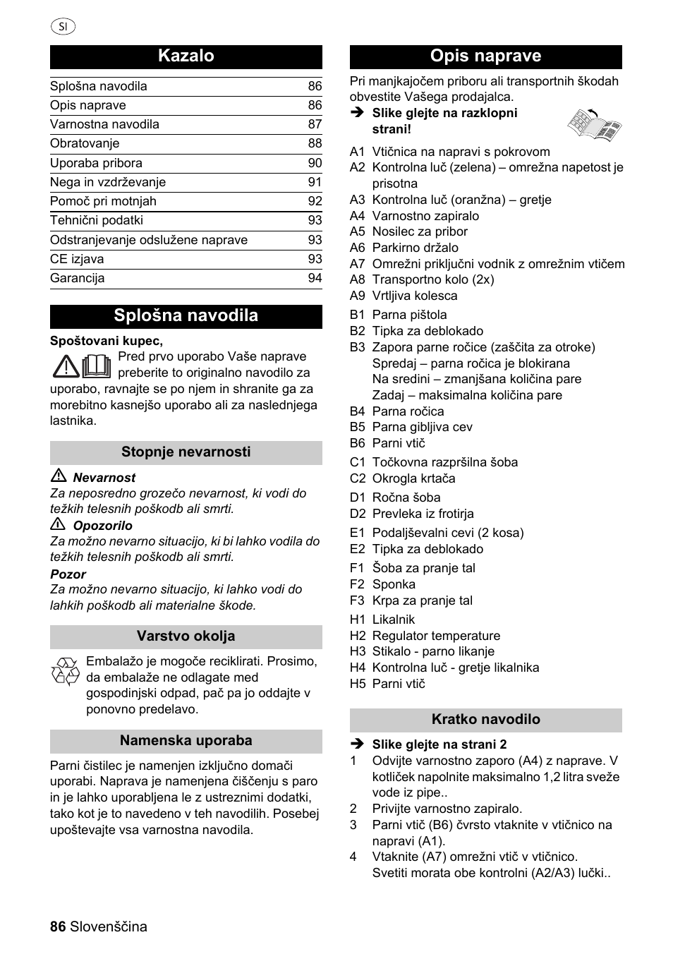 Kazalo, Splošna navodila, Opis naprave | Silvercrest 37702 User Manual | Page 86 / 106