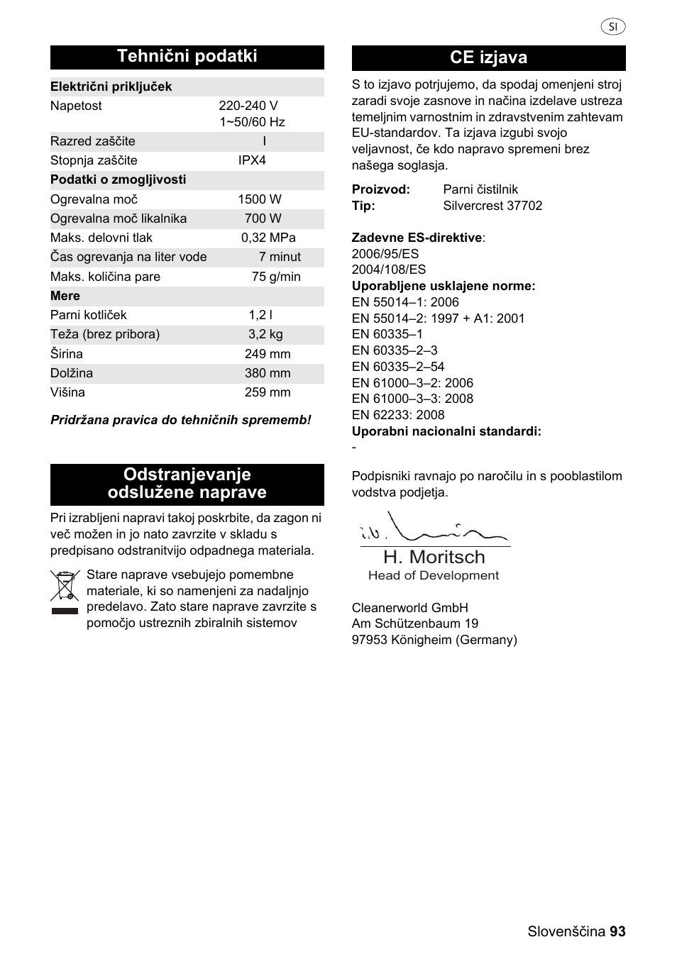 H. moritsch, Tehnični podatki, Odstranjevanje odslužene naprave ce izjava | Silvercrest 37702 User Manual | Page 93 / 106