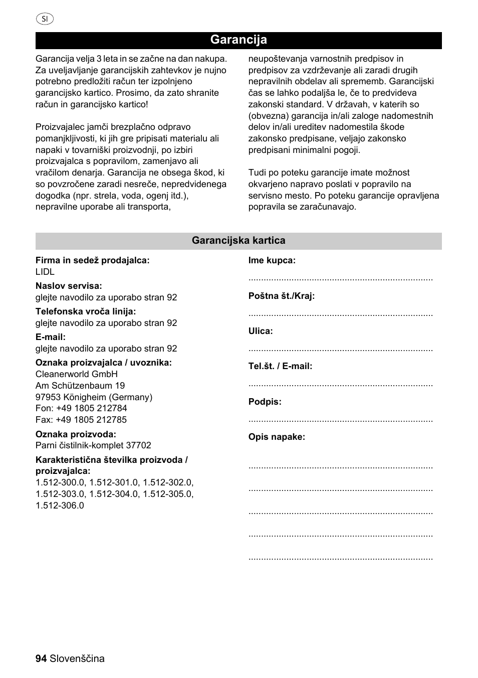 Garancija | Silvercrest 37702 User Manual | Page 94 / 106