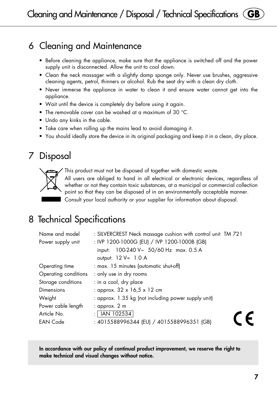 7 disposal, 8 technical specifications | Silvercrest SHIATSU NECK MASSAGE CUSHION User Manual | Page 13 / 70