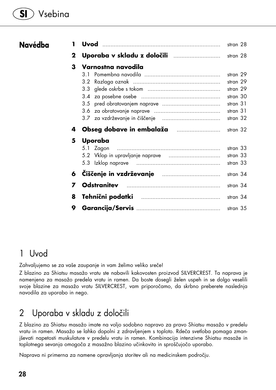 1 uvod, 2 uporaba v skladu z določili, Vsebina | Navédba | Silvercrest SHIATSU NECK MASSAGE CUSHION User Manual | Page 34 / 70