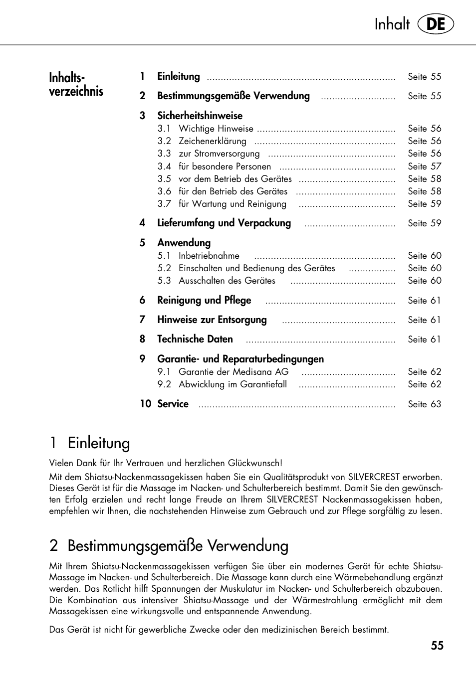 Inhalt, 1 einleitung, 2 bestimmungsgemäße verwendung | Inhalts- verzeichnis | Silvercrest SHIATSU NECK MASSAGE CUSHION User Manual | Page 61 / 70