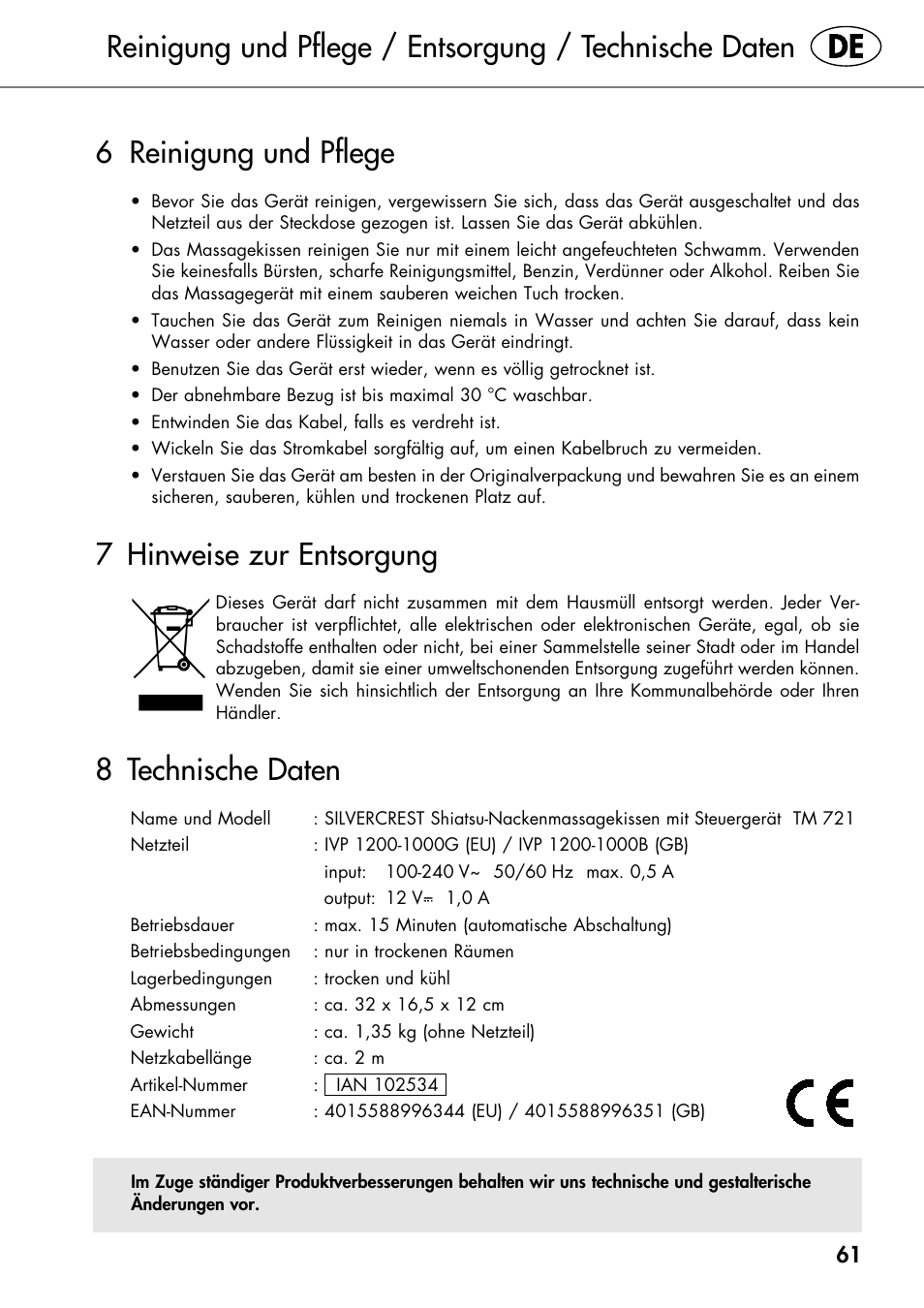 6 reinigung und pflege, 7 hinweise zur entsorgung, 8 technische daten | Silvercrest SHIATSU NECK MASSAGE CUSHION User Manual | Page 67 / 70