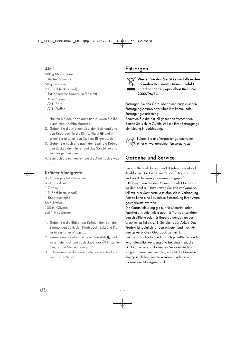Entsorgen, Garantie und service, Aioli | Kräuter-vinaigrette | Silvercrest SHMS 300 A1 User Manual | Page 10 / 51