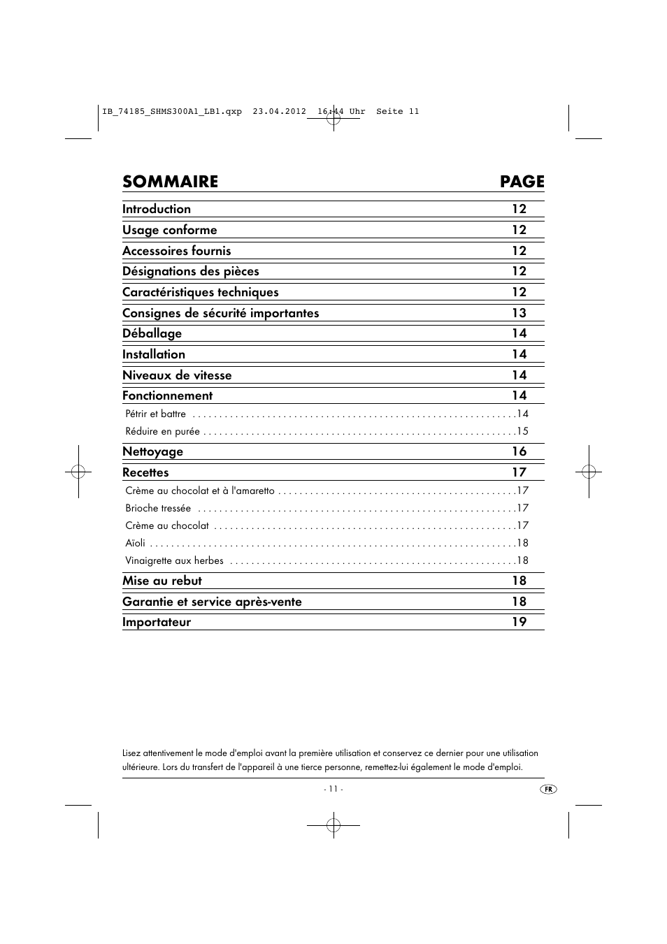 Sommaire page | Silvercrest SHMS 300 A1 User Manual | Page 13 / 51