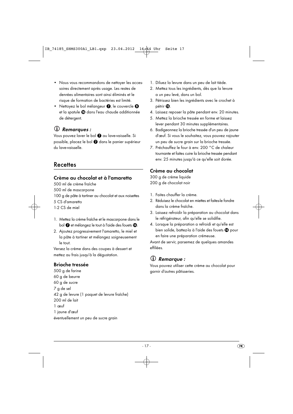 Recettes, Remarques, Crème au chocolat et à l'amaretto | Brioche tressée, Crème au chocolat, Remarque | Silvercrest SHMS 300 A1 User Manual | Page 19 / 51