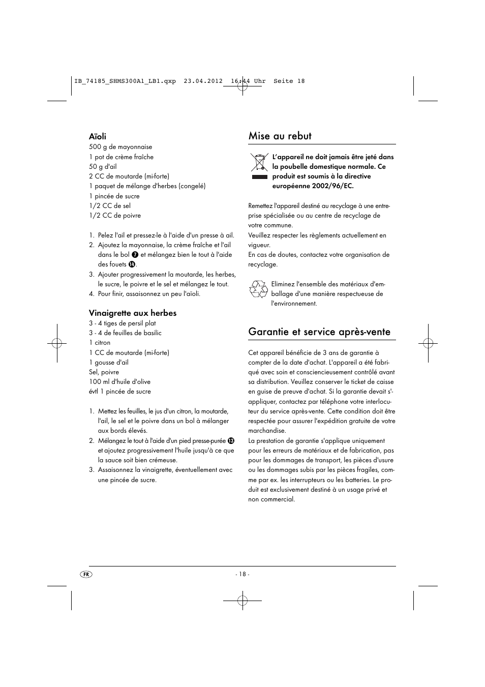 Mise au rebut, Garantie et service après-vente, Aïoli | Vinaigrette aux herbes | Silvercrest SHMS 300 A1 User Manual | Page 20 / 51