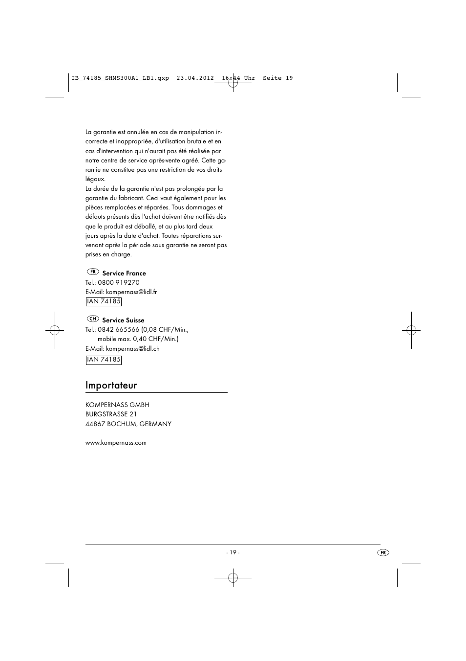 Importateur | Silvercrest SHMS 300 A1 User Manual | Page 21 / 51
