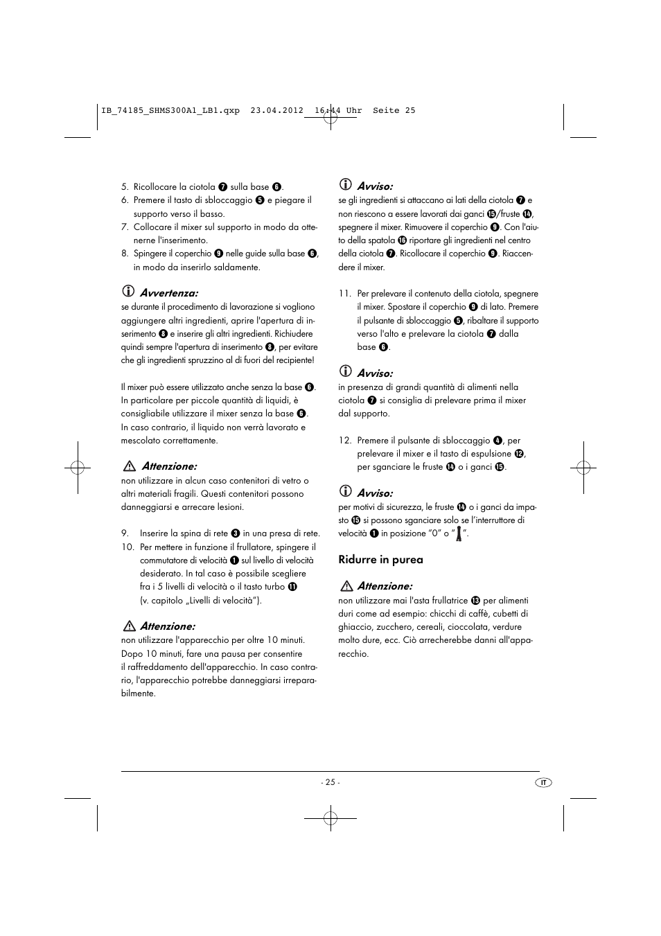 Avvertenza, Attenzione, Avviso | Ridurre in purea attenzione | Silvercrest SHMS 300 A1 User Manual | Page 27 / 51