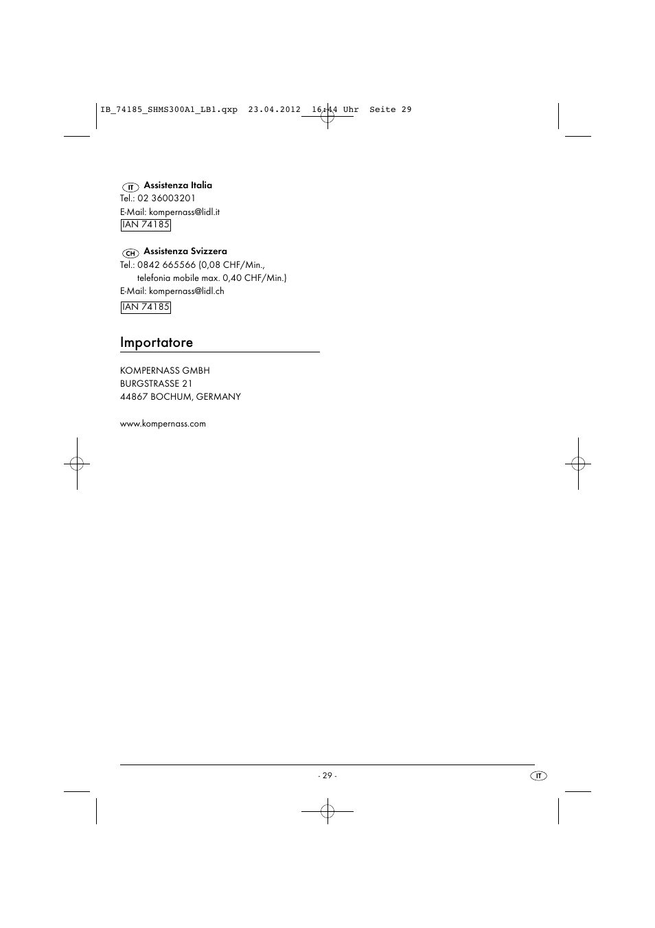 Importatore | Silvercrest SHMS 300 A1 User Manual | Page 31 / 51