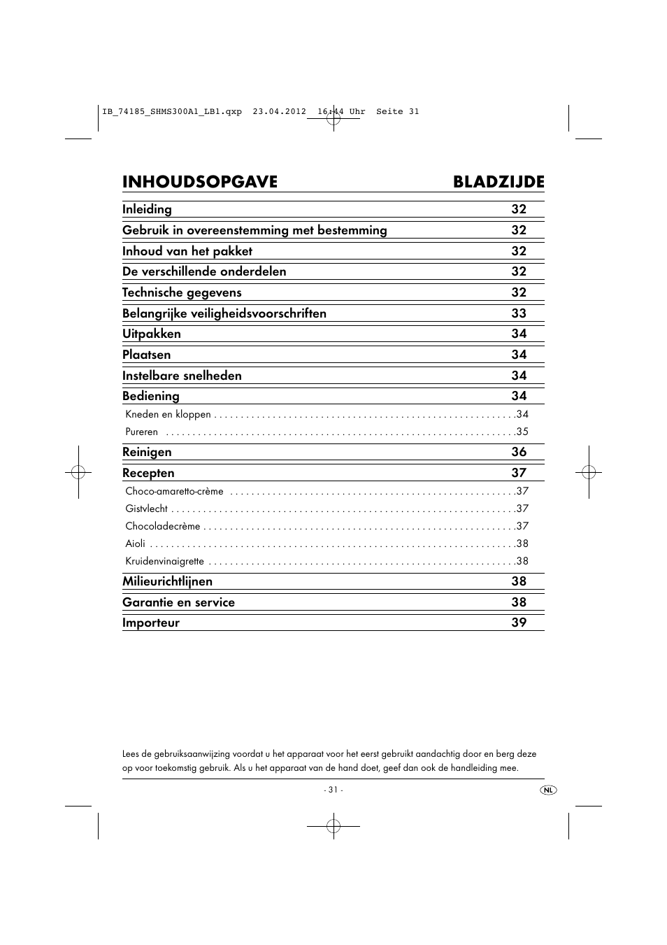 Inhoudsopgave bladzijde | Silvercrest SHMS 300 A1 User Manual | Page 33 / 51