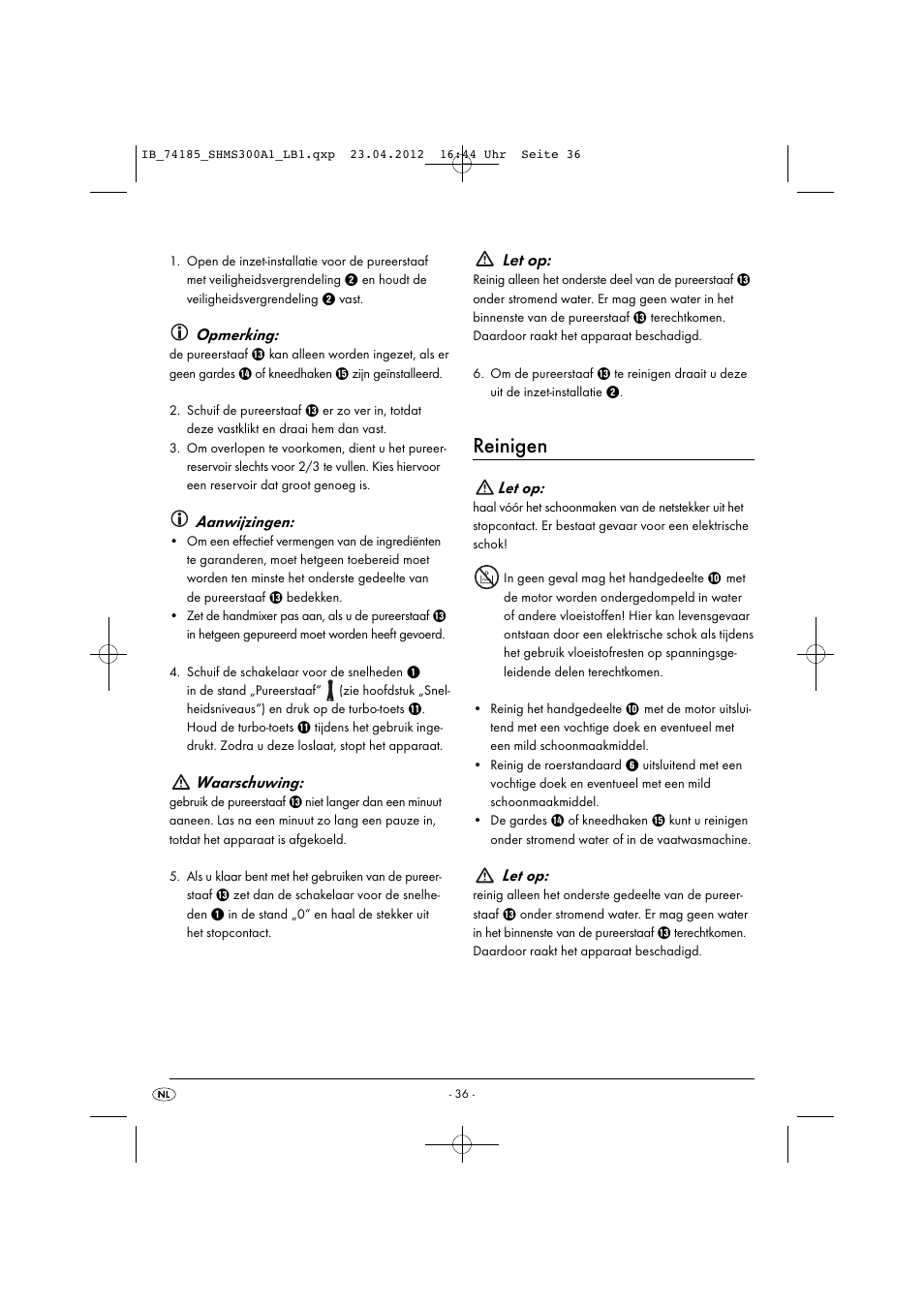 Reinigen, Opmerking, Aanwijzingen | Waarschuwing, Let op | Silvercrest SHMS 300 A1 User Manual | Page 38 / 51
