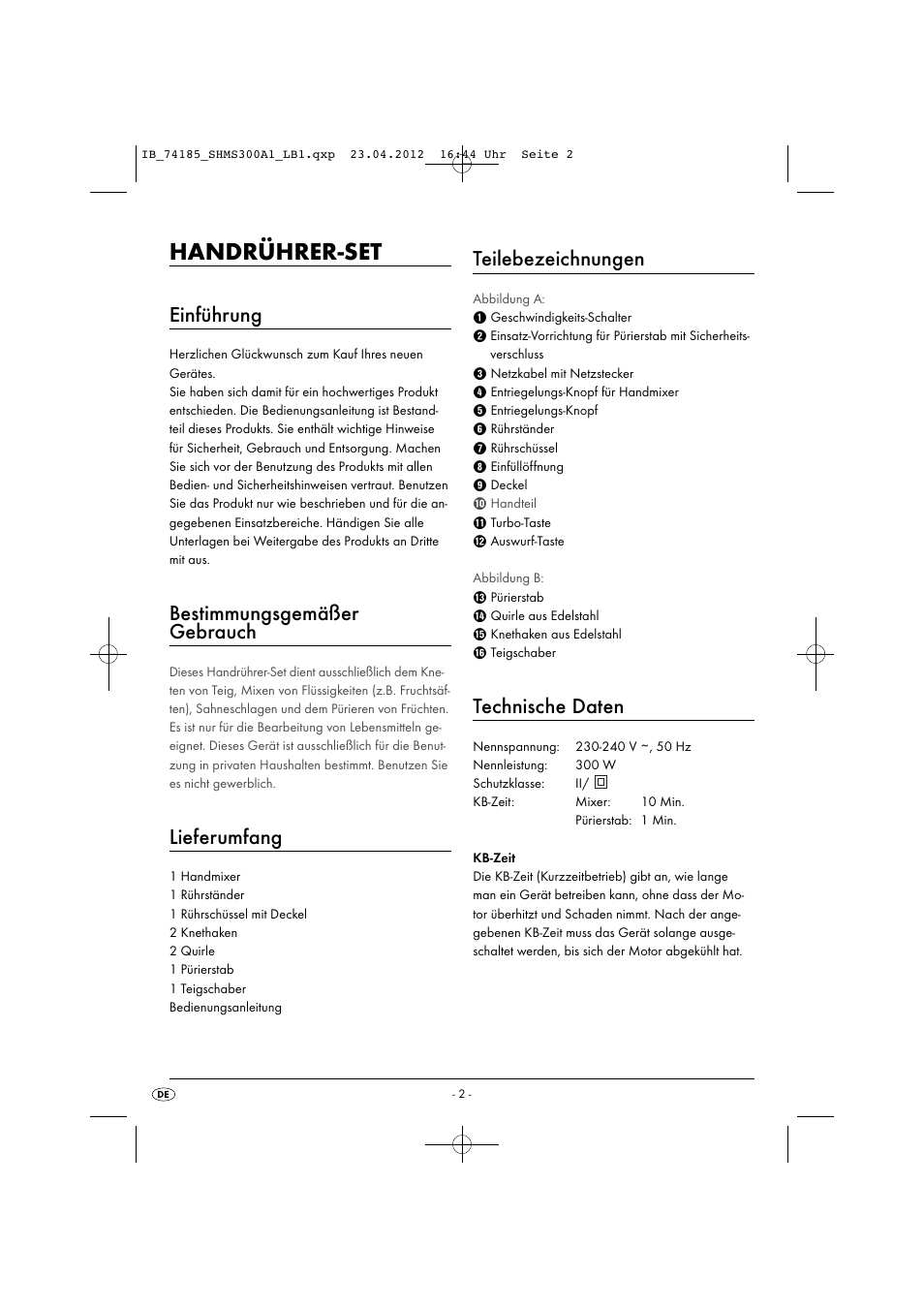 Handrührer-set, Einführung, Bestimmungsgemäßer gebrauch | Lieferumfang, Teilebezeichnungen, Technische daten | Silvercrest SHMS 300 A1 User Manual | Page 4 / 51