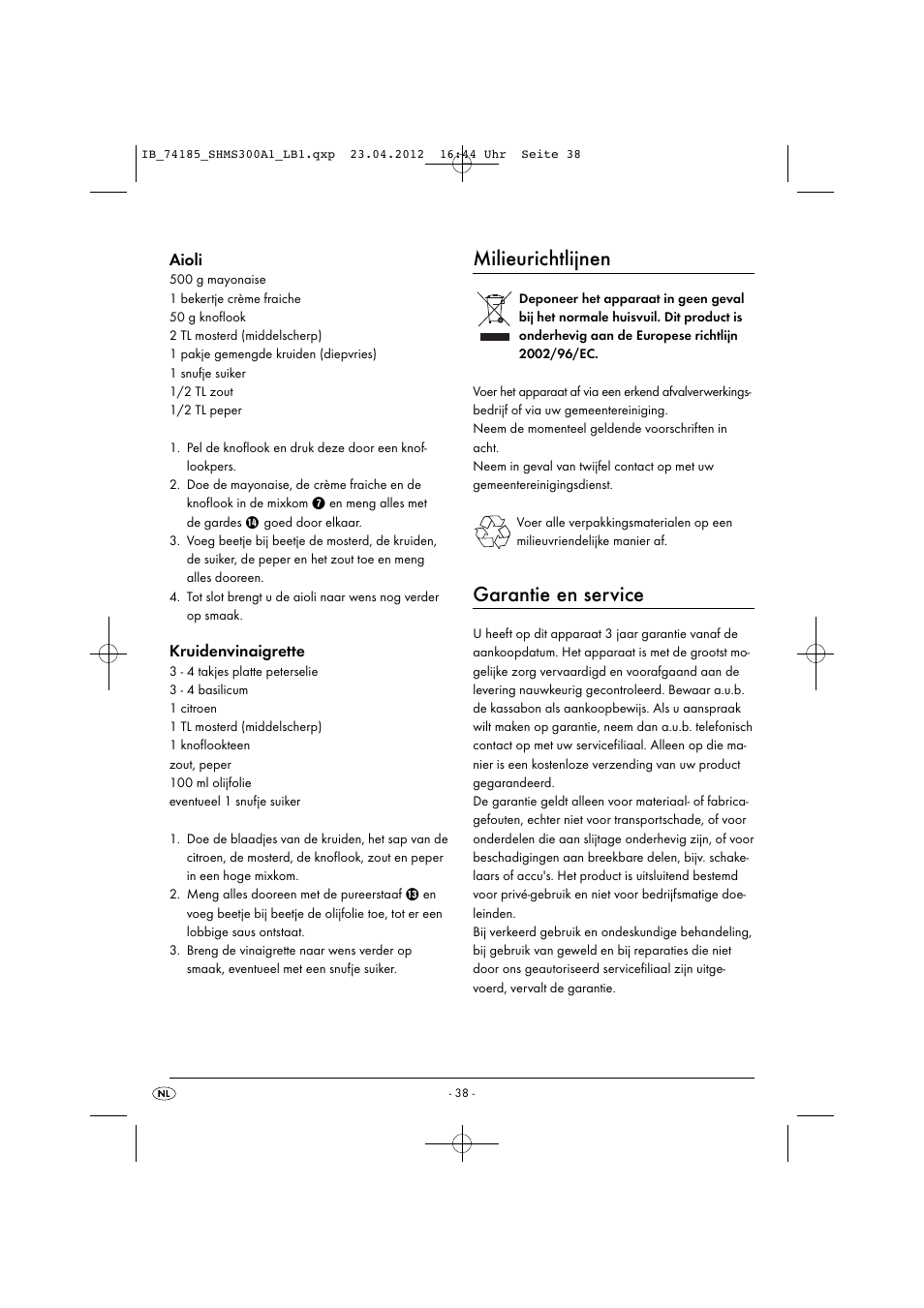 Milieurichtlijnen, Garantie en service, Aioli | Kruidenvinaigrette | Silvercrest SHMS 300 A1 User Manual | Page 40 / 51