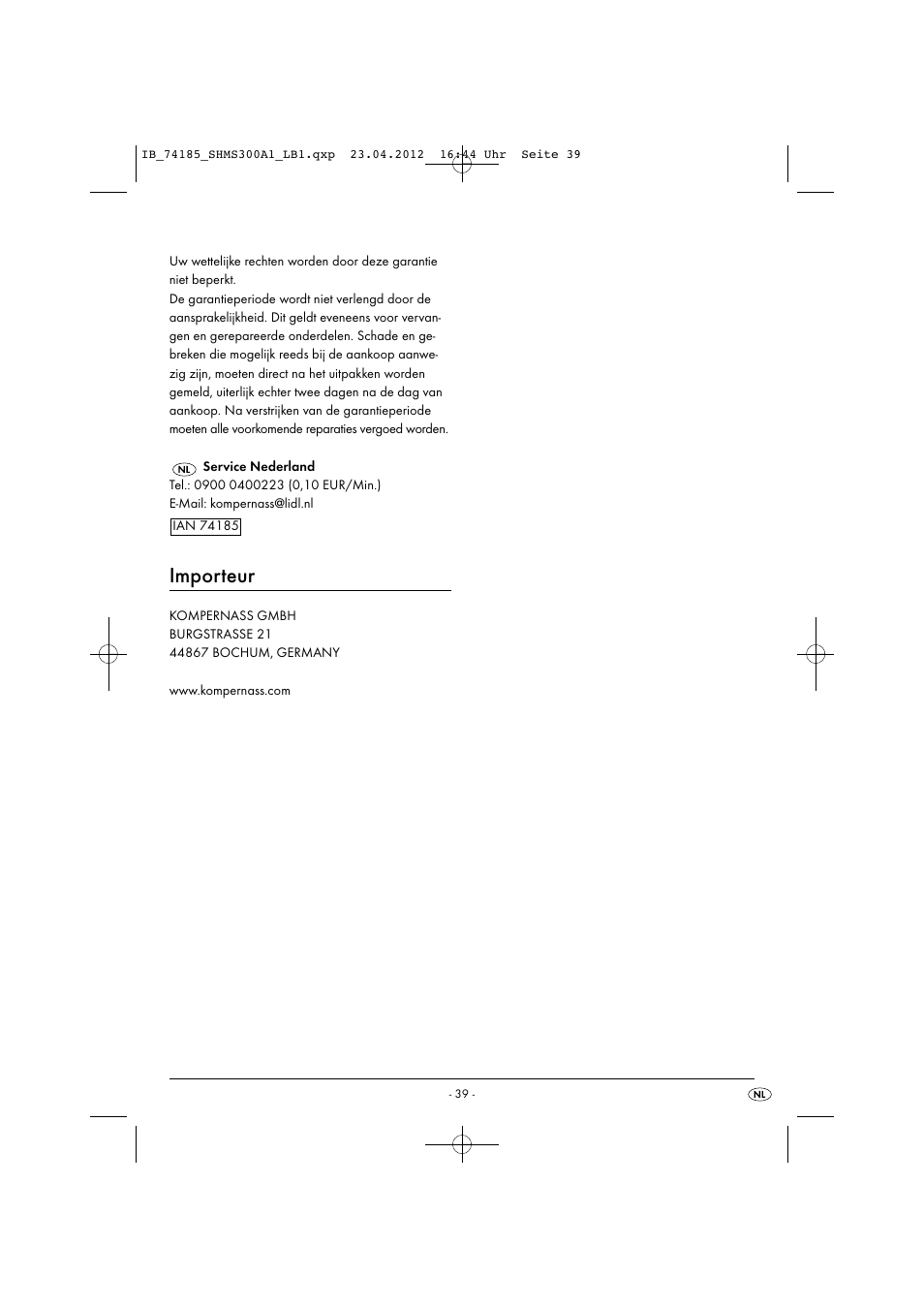 Importeur | Silvercrest SHMS 300 A1 User Manual | Page 41 / 51