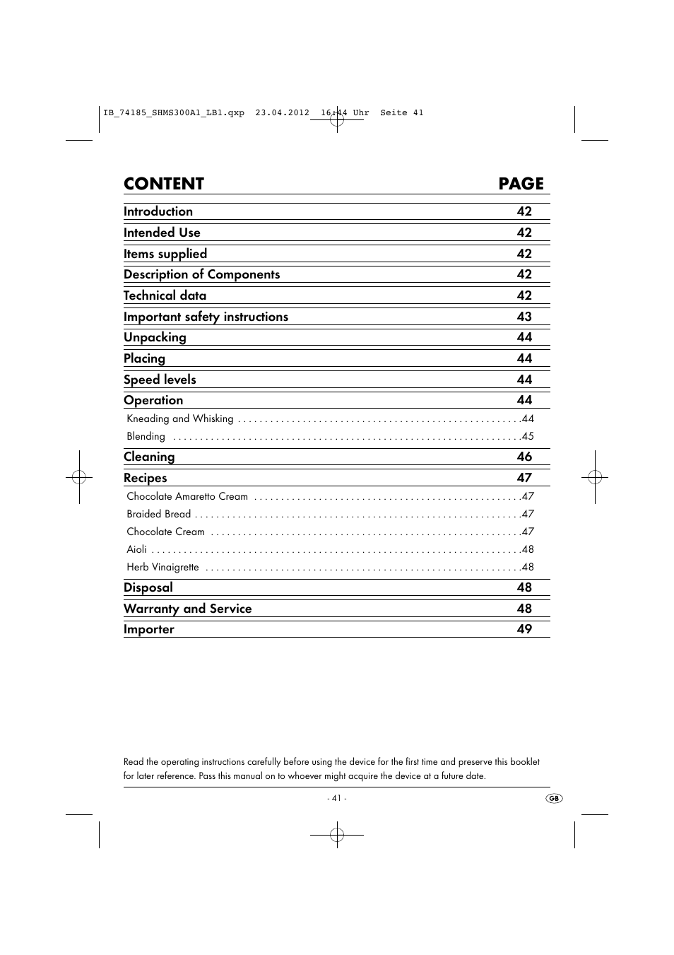 Content page | Silvercrest SHMS 300 A1 User Manual | Page 43 / 51
