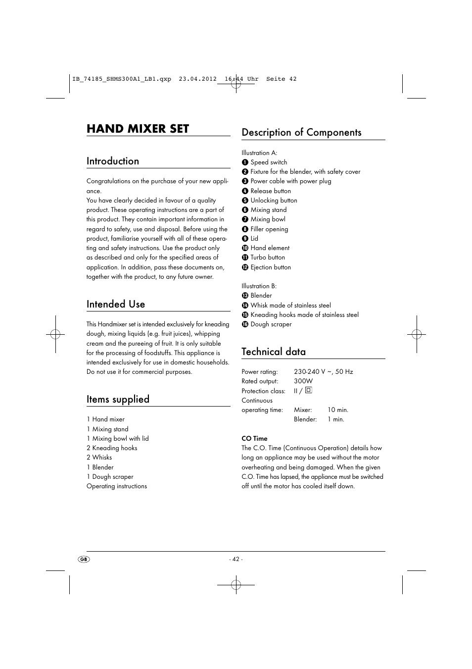 Hand mixer set, Introduction, Intended use | Items supplied, Description of components, Technical data | Silvercrest SHMS 300 A1 User Manual | Page 44 / 51