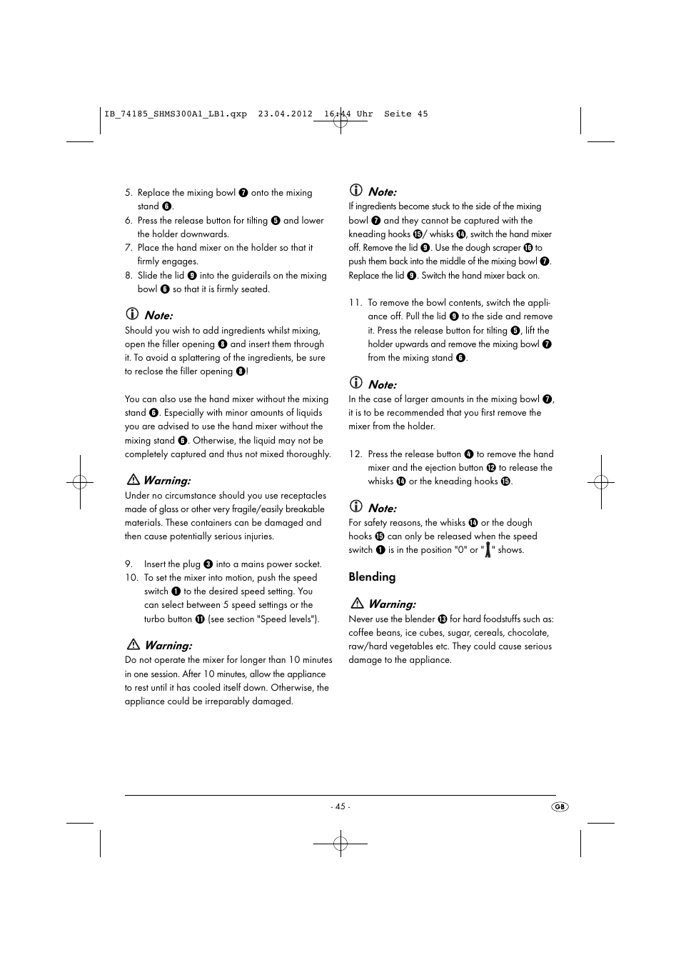 Warning, Blending warning | Silvercrest SHMS 300 A1 User Manual | Page 47 / 51