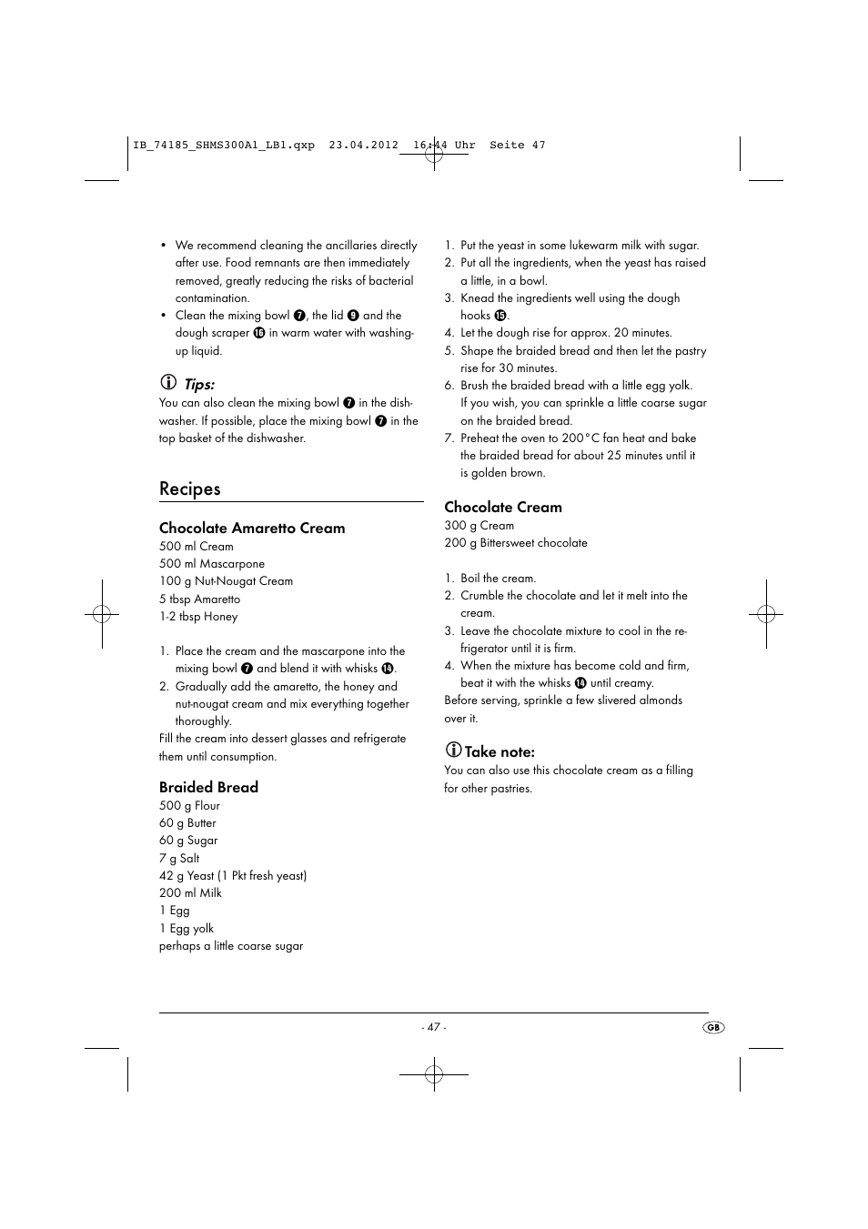 Recipes, Tips, Chocolate amaretto cream | Braided bread, Chocolate cream | Silvercrest SHMS 300 A1 User Manual | Page 49 / 51